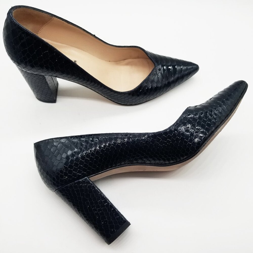 Jon Josef Sweetheart Pointed Toe Block Heel Pump Black Croco Patent Leather 7.5